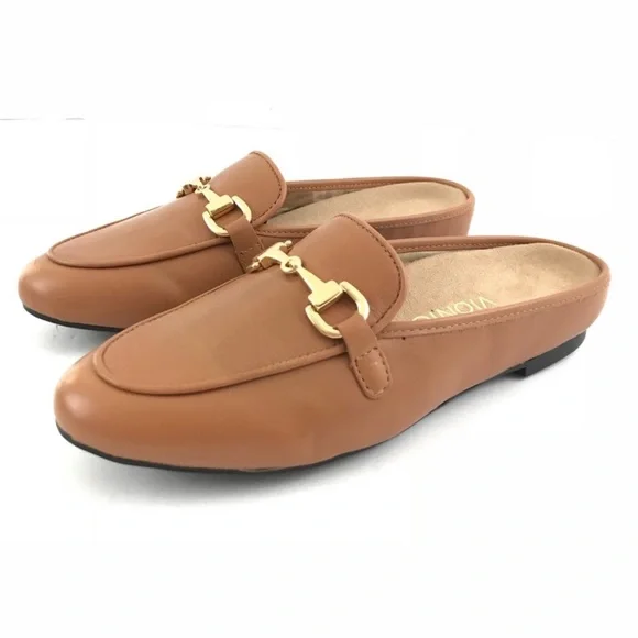 VIONIC ADELINE CARAMEL BRITISH TAN SLIP ON MULES HORSE BIT LOAFERS. Sz8.5